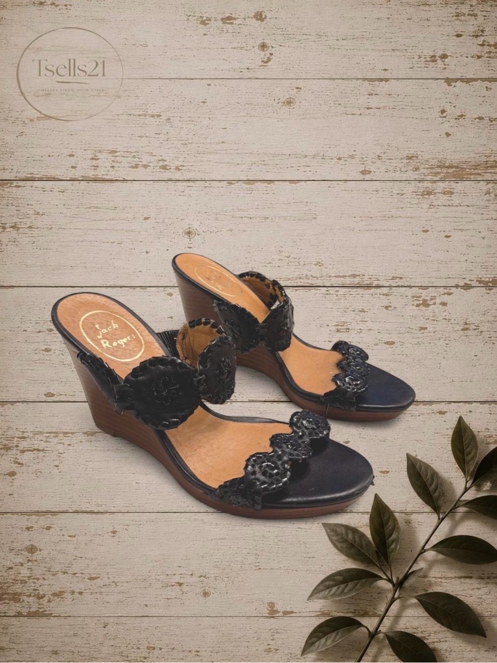 Jack Rogers Black Leather Medallion Wedge Sandals - Size 6.5